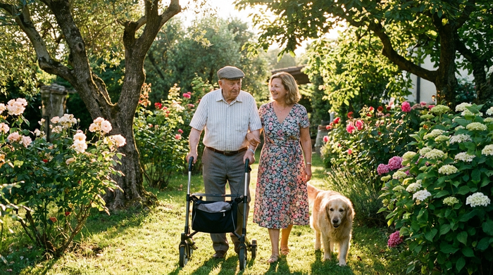 Senior spaziert mit Begleitung im sonnigen Garten, nutzt Gehhilfe