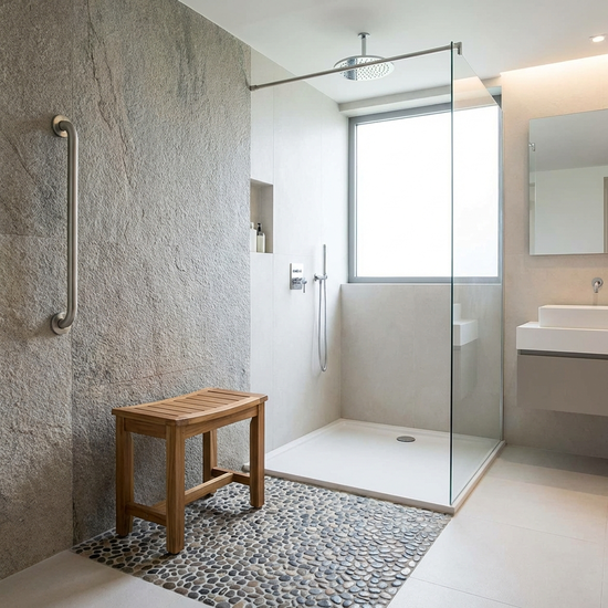 Duschhocker in geräumiger Dusche, Haltegriff an der Wand, rutschfeste Matte