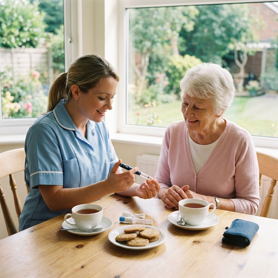 Pflegekraft zeigt Seniorin Thrombosespritze, ruhige Situation am Tisch