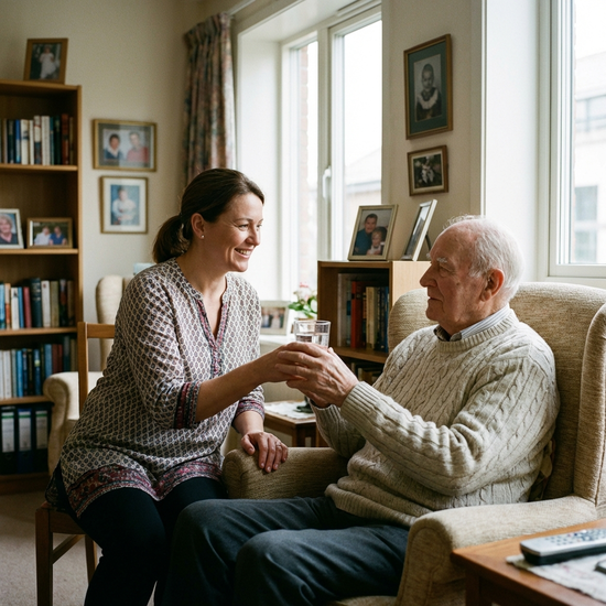 Pflegekraft reicht Senior Wasser und lächelt freundlich