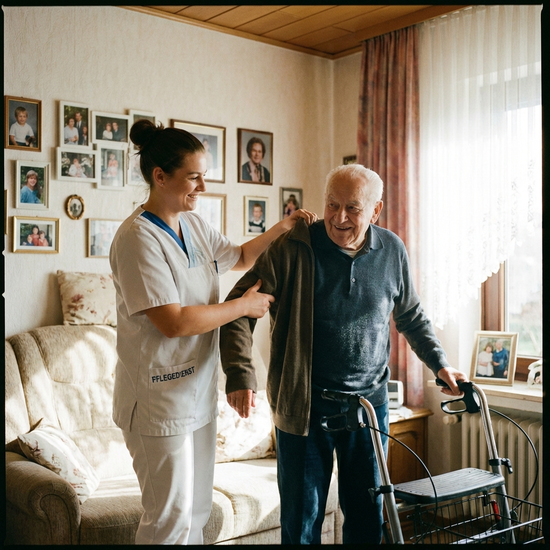 Pflegedienst-Mitarbeiterin hilft Senior beim Anziehen der Jacke