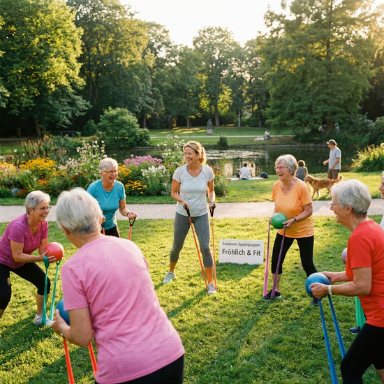 Seniorengruppe bei Gymnastik im Park, fröhliche Stimmung