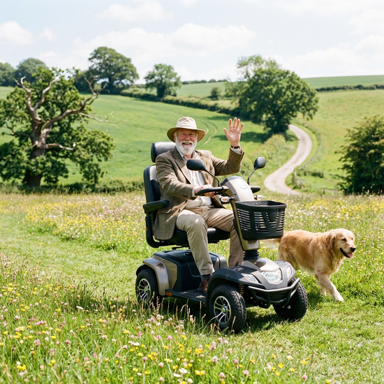 Senior auf einem Elektromobil im Grünen