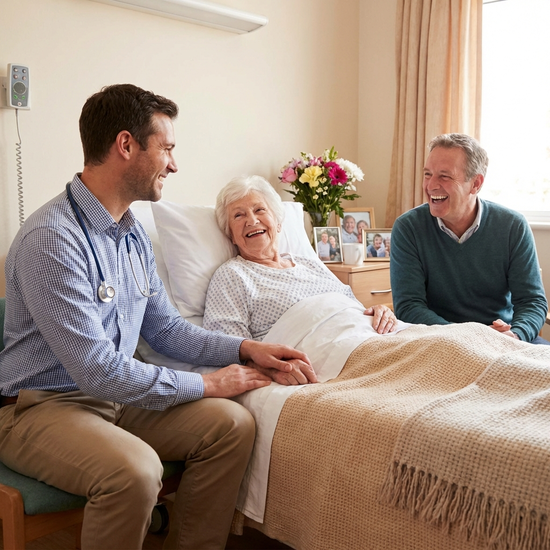 Arzt im Gespräch mit Seniorin und Angehörigem im Krankenzimmer, freundliche Atmosphäre
