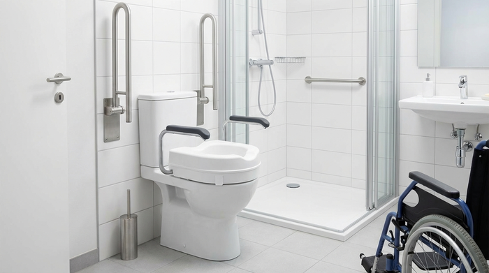 Erhöhter Toilettensitz auf sauberer Toilette, barrierefreies Bad