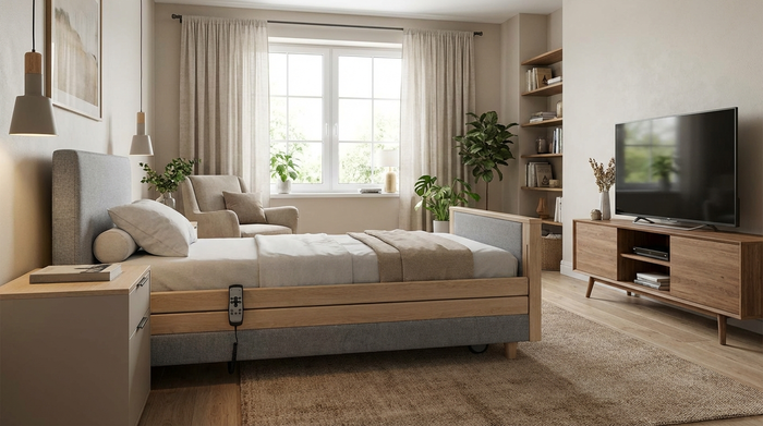 Modernes Pflegebett in wohnlichem Schlafzimmer mit Fernbedienung