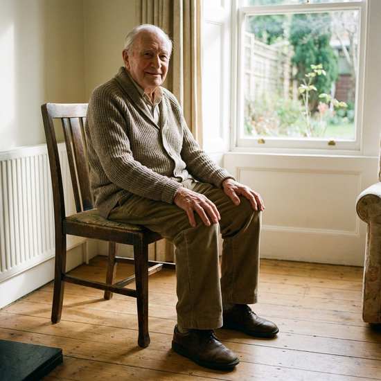 Senior sitzt auf Stuhl, Beine stehen parallel nebeneinander auf dem Boden, Hände ruhen auf den Knien