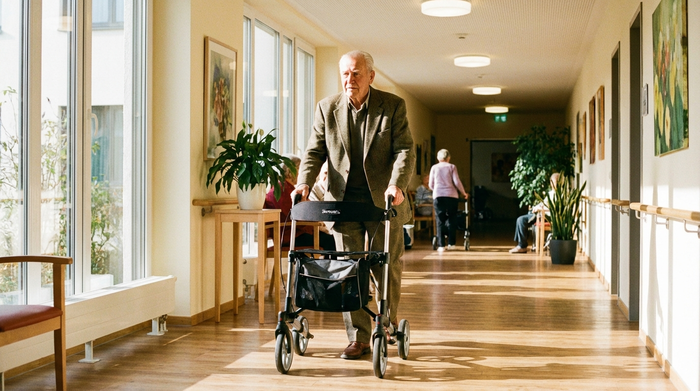 Senior geht sicher mit Rollator im hellen Flur, Blick nach vorn gerichtet