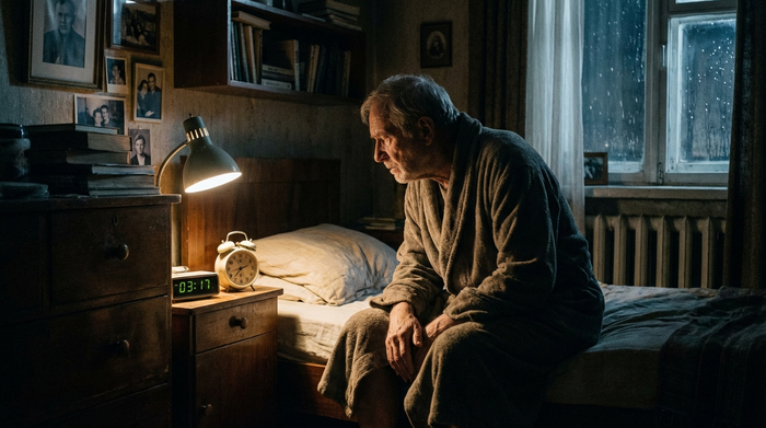 Älterer Mann sitzt nachts nachdenklich auf der Bettkante, Blick auf den Wecker auf dem Nachttisch