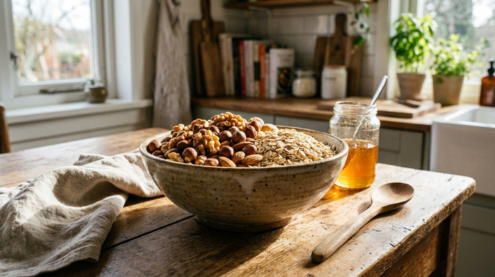 Schale mit Nüssen und Haferflocken auf einem Küchentisch