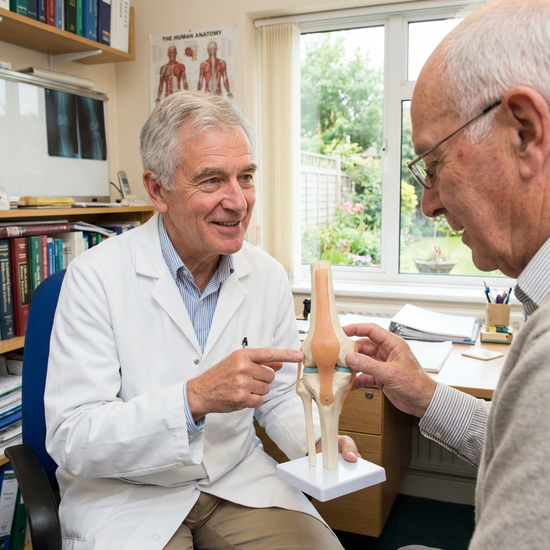 Arzt erklärt einem Senior an einem Modell die Anatomie des Körpers