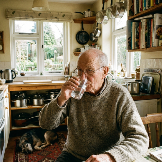 Senior trinkt ein Glas Wasser in der Küche
