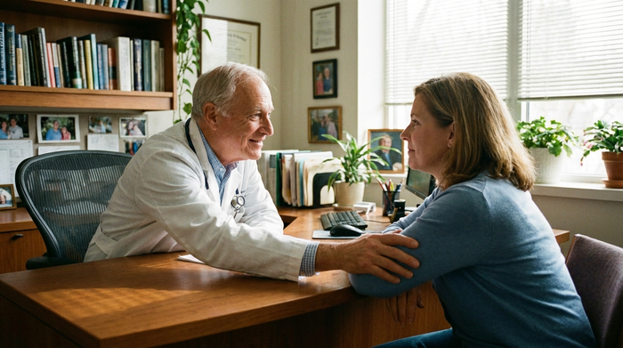 Arzt und Patient im vertrauensvollen Gespräch am Schreibtisch