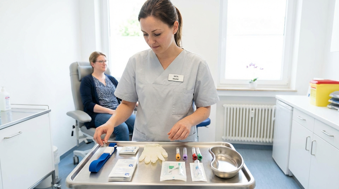 Medizinischer Fachangestellter bereitet Blutabnahme vor