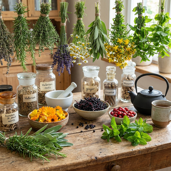 Auswahl verschiedener pflanzlicher Heilmittel und Teekräuter auf einem Holztisch