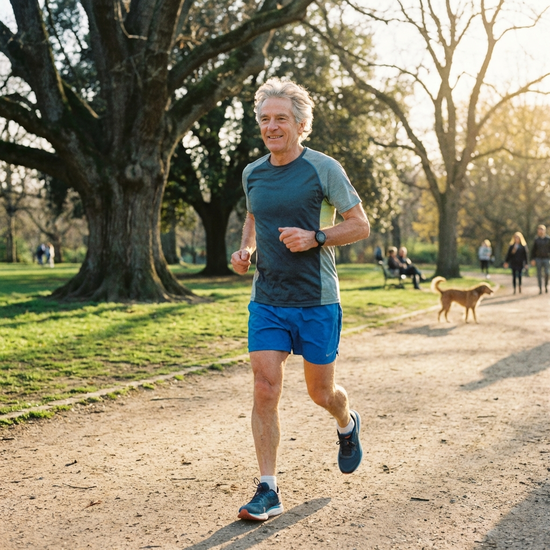 Senior beim leichten Joggen im Park, wirkt fit und zufrieden