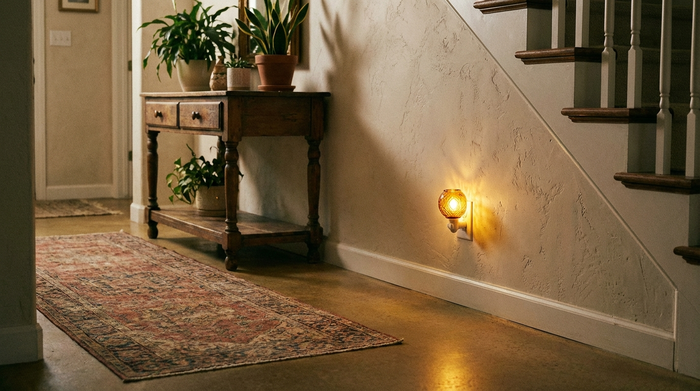 Nachtlicht in einer Steckdose im Flur, das warmes Licht spendet