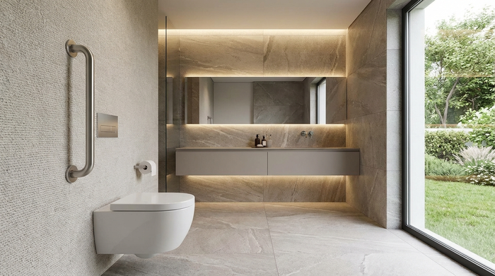 Haltegriff an der Wand neben der Toilette in einem modernen Badezimmer