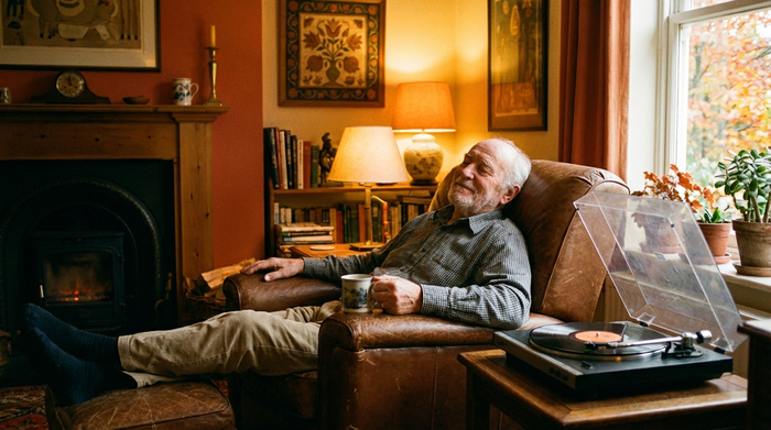 Senior entspannt im Sessel bei ruhiger Musik, warme Farben, friedliche Stimmung