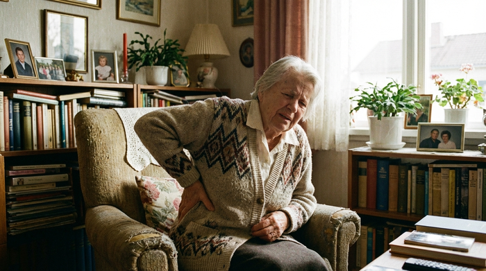 Ältere Dame fühlt Unwohlsein und fasst sich an die Seite, häusliches Umfeld