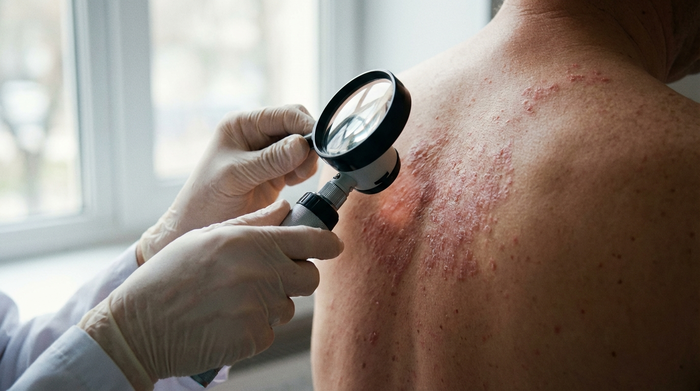 Arzt untersucht Hautausschlag am Rücken eines Patienten, Detailansicht der Untersuchung