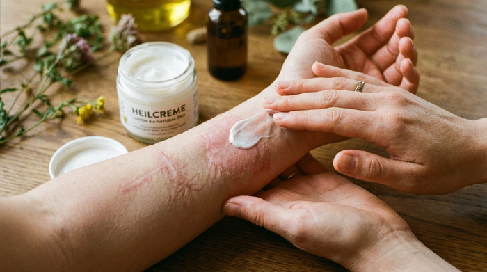 Verheilende Hautpartie wird gepflegt, Hände tragen sanft Lotion auf