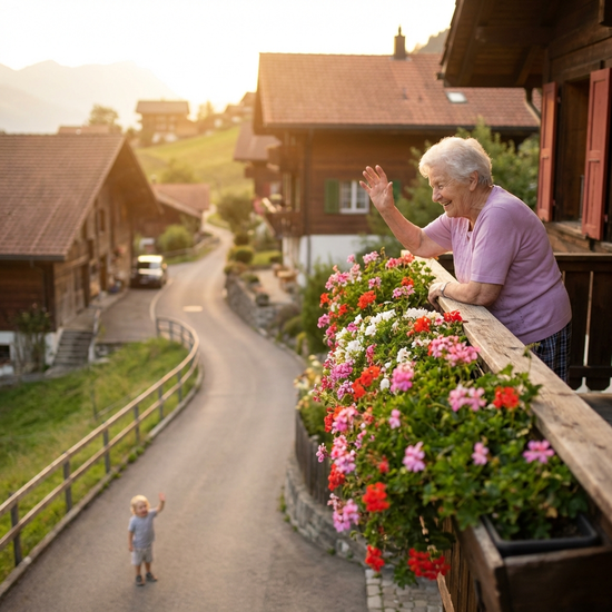 Großmutter winkt Enkelkind aus Entfernung zu, freundliche Atmosphäre trotz Distanz