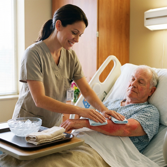 Pflegekraft trägt kühle Umschläge auf betroffene Hautpartie auf, sanfte Berührung