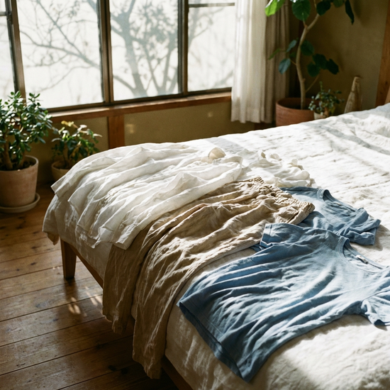 Lockere Baumwollkleidung liegt bereit auf dem Bett, hell und sauber