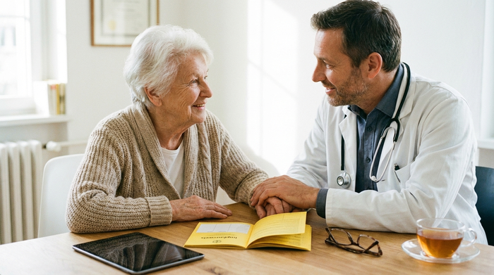 Seniorin lässt sich in Arztpraxis beraten, Impfpass liegt auf Tisch, vertrauensvolles Gespräch