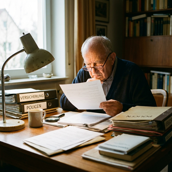 Senior sitzt am Schreibtisch und prüft konzentriert Versicherungsunterlagen