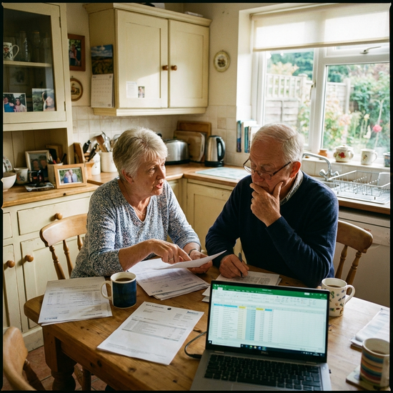 Älteres Paar im Gespräch über Finanzen am Küchentisch