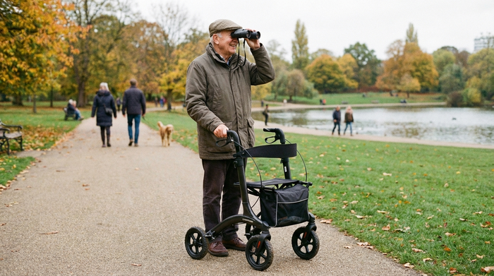Senior nutzt einen modernen Rollator im Park