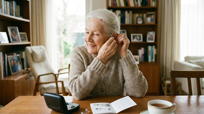 Seniorin setzt ein Hörgerät ein