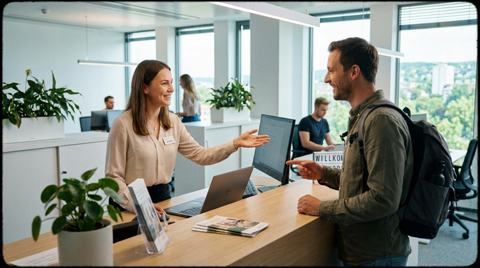 Freundliche Beratungssituation am Empfangstresen