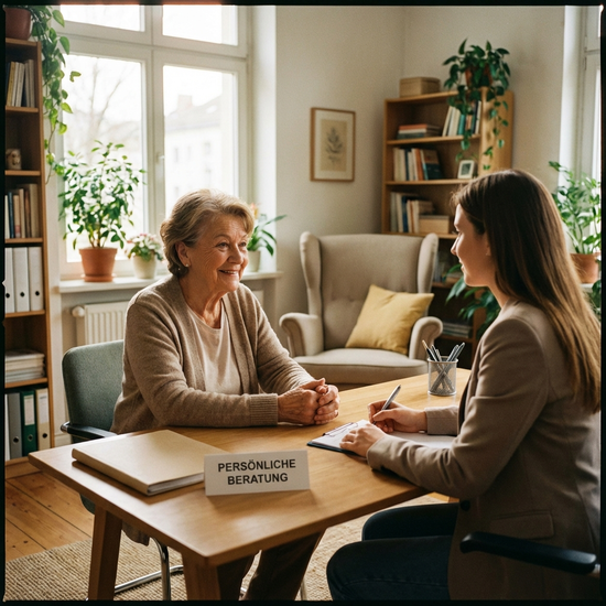Seniorin im persönlichen Beratungsgespräch in einem Büro