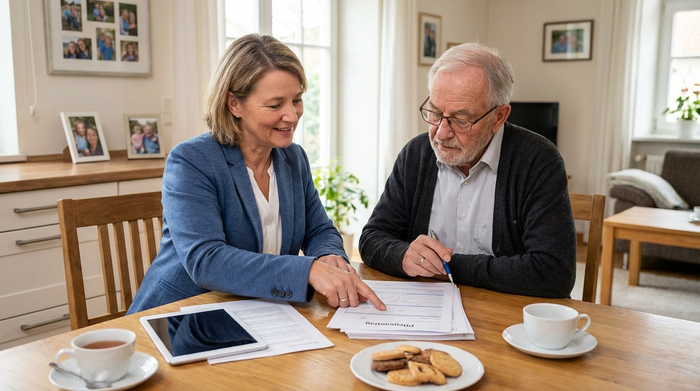 Pflegeberaterin sitzt mit Senior am Tisch und füllt Formulare aus