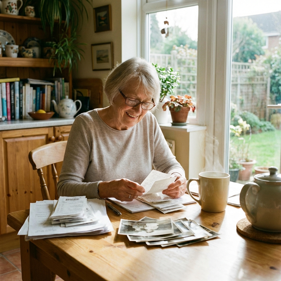 Seniorin sitzt am Küchentisch und sortiert entspannt Unterlagen, eine Tasse Tee steht daneben