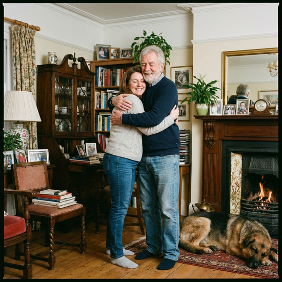 Herzliche Umarmung zwischen einer Tochter und ihrem älteren Vater im Wohnzimmer