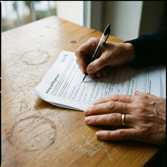 Nahaufnahme von Händen, die ein Antragsformular mit einem Stift ausfüllen