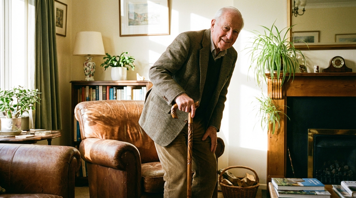 Älterer Herr steht sicher von einem Sessel auf, gestützt auf einen Gehstock
