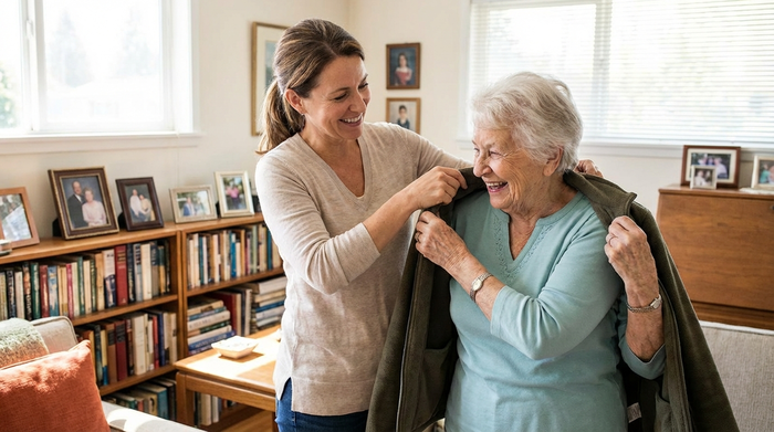 Pflegerin hilft einer Seniorin freundlich beim Anziehen einer Jacke