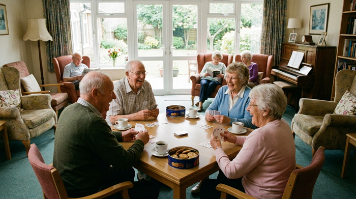 Gruppe von Senioren beim gemeinsamen Kartenspiel im Aufenthaltsraum