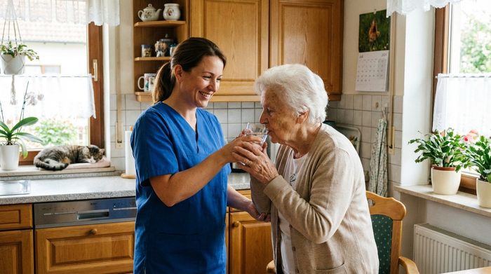 Pflegerin unterstützt eine Seniorin im Alltag beim Trinken eines Glases Wasser in der Küche