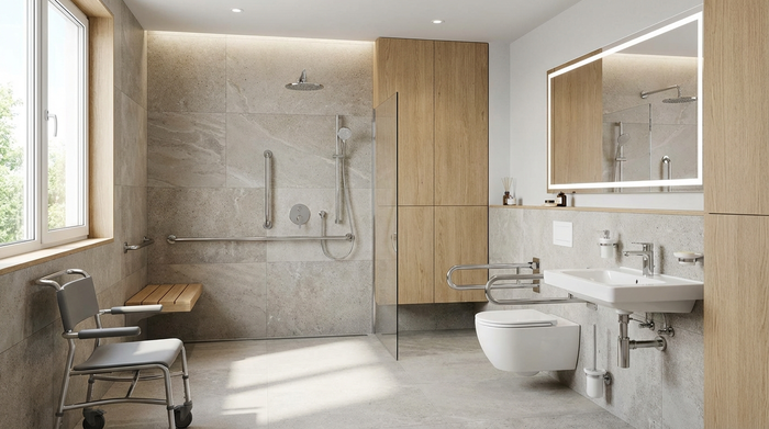 Modernes barrierefreies Badezimmer mit ebenerdiger Dusche und Haltegriffen