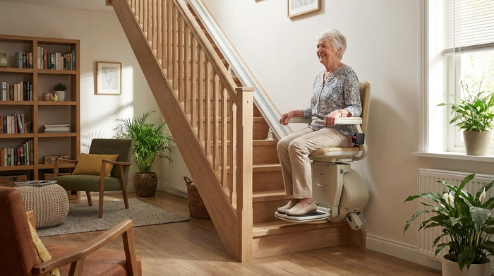 Elektrischer Treppenlift an einer geraden Treppe im Wohnbereich