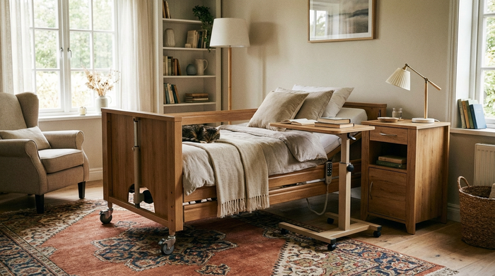 Höhenverstellbares Pflegebett mit Nachttisch in einem gemütlichen Schlafzimmer