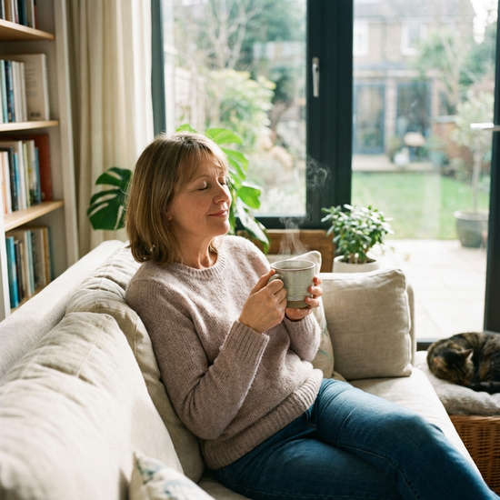 Entspannte Frau mittleren Alters genießt eine Tasse Tee auf dem Sofa, Ruhepause