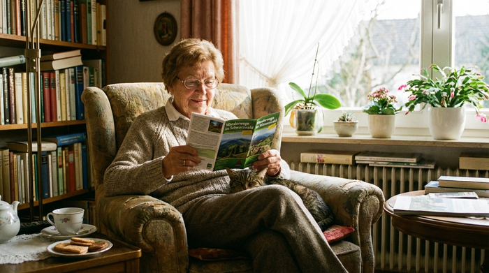 Ältere Dame sitzt entspannt im Sessel und liest aufmerksam eine Broschüre