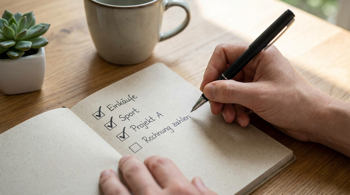 Hände halten einen Stift und haken Punkte auf einer übersichtlichen Liste ab